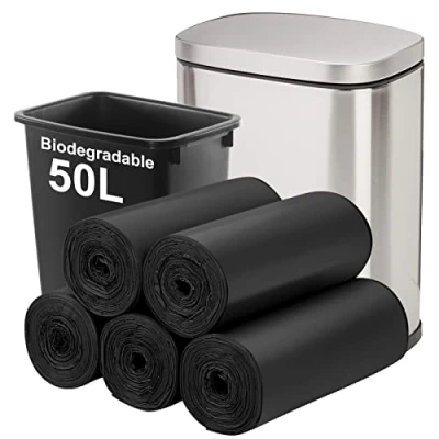 Image of Biodegradable Trash Bags 50PCS, Aievrgad 13Gallon/50L large Garbage bags/For kitchen Bin. Bin Liner/Trash/rubbish Bags, 100% Recycled,Tough, degradable, Compost for Food/household black