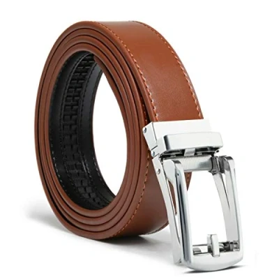 Image of ausuky Premium Grain Leather Comfort Click Adjustable Fit Ratchet Jeans Pants Belt Automatic Buckle No Holes (brown,125cm)