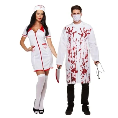 Image of Lizzy Adult Bloody Doctor + Sexy Nurse Costume Coat Mask Accessory Couple Onesize Mens Ladies fancy dress halloween cosplay night party