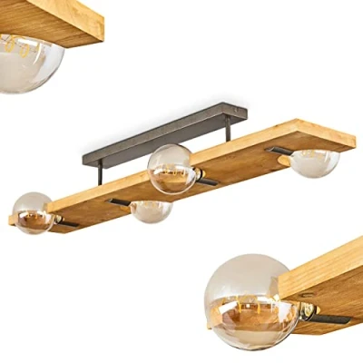 Image of Ceiling Light Santorum, Vintage lamp Made of Metal/Wood in Old Silver/Nature, Retro Design, 4 Flame, x E27, Without Bulbs