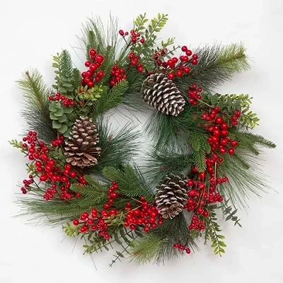 Image of 60cm Christmas Wreath Decorated with Red Berries, Eucalyptus Leaves, Pine Cones, Grapevine Front Door Room Wall Home Hanging Xmas Decorations