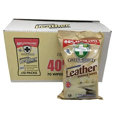 Image of Green Shield Leather Surface Cleaning Wipes 12x 70 Packs: Car and Upholstery Moisturising Conditioning Wipes: 840 Bulk in a Retail Display Box