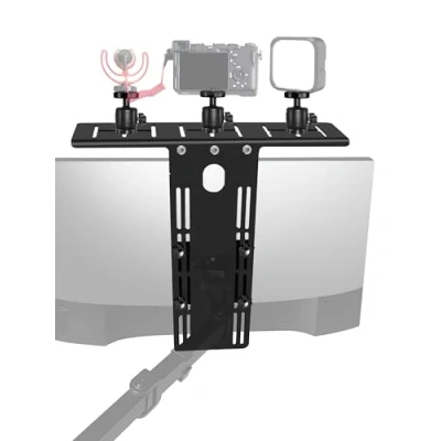 Image of Borenbuir DSLR Monitor Top Shelf with 3 Ballhead for VESA Arm, Camera Mount Clamp Light, Webcam, Microphones, Height Adjustable, Live Stream, Video Conferencing, YouTube, TikTok