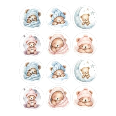 Image of 12 Teddy Bears Selection Mini Card Making Toppers Self Adhesive Circles Glossy Finish Small 64mm (2.5 inches) Diameter Pack of Crafts Labels