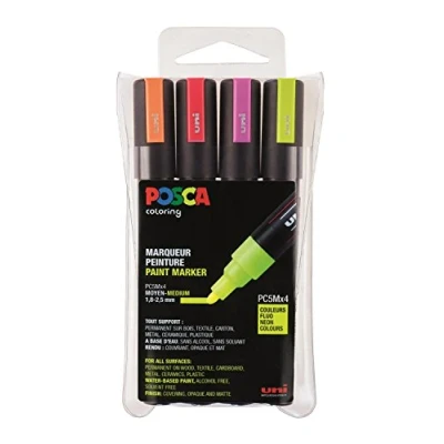 Image of uni ball 182505 Posca Marker with Medium Fine Bullet Tip, Set of 4, Neon