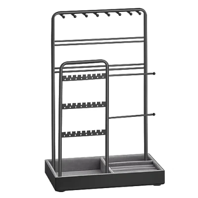 Image of SONGMICS Jewellery Stand, Organiser, Display Stand with Metal Frame and Velvet Tray, Earring Bracelet Holder, Necklace for Studs, Rings, Gift Idea, Black JJS021B01