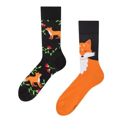 Image of Dedoles Unisex Socks for Women, Men &amp; Kids Cotton Funny Designs Football Bicycle Horses Plants Firefighter Gift Mismatched, Design: Fox and Blooms, Colour: Black, Size: 5 7.5 W / 6 8 M UK