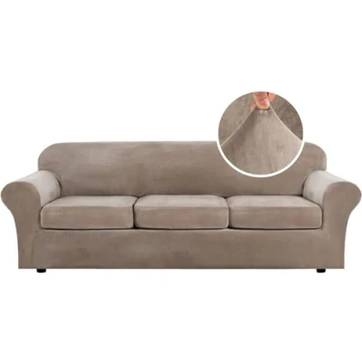Image of LINGKY Velvet Sofa Cover 3 Seater With Separate Seat Cushion Covers, Stretch Couch Non Slip Slipcovers for Living Room Furniture Protector (Taupe,Large Seater)