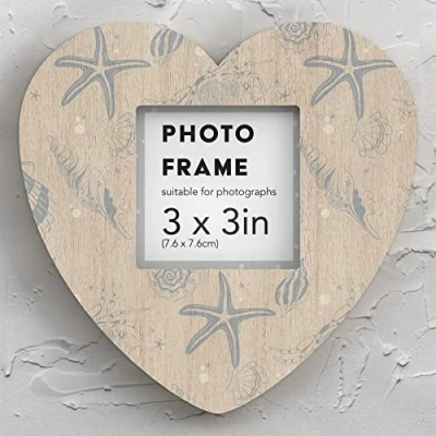 Image of Global Designs Nautical Sea Shells Illustration Coastal Blue Wooden Heart Shaped Photo Frame