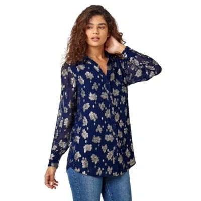 Image of Roman Womens Metallic Floral Print Blouse Navy Leather Size 12 UK