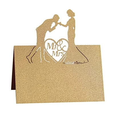 Image of Wedding Table Place Name Cards 50 Pcs 3D Hollow Setting Greeting Carved Heart Number Cards, Beige Gold