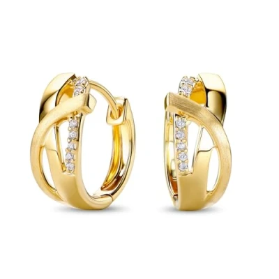 Image of Miore 18ct Gold Plated Silver Earrings for Women, Huggies Round Hoops with Zirconia Crystals, 6.5 x 16 mm Skin Friendly Gift Box Included