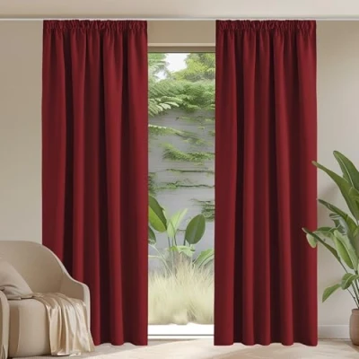 Image of PONY DANCE Thermal Blackout Curtains 90 Drop Window for Living Room with Hooks Track Rail Extra Long Pencil Pleat Grey Lounge Curtains, 2 Panels, W66 X L90, Red