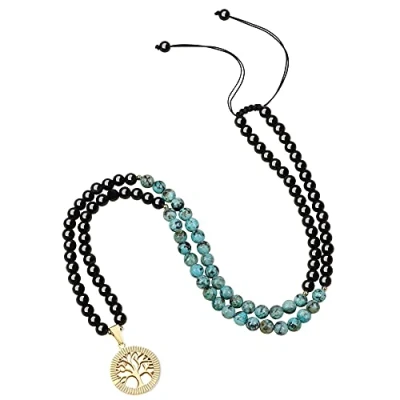 Image of COAI Tree of Life Obsidian African Turquoise Stone Beaded Necklace 108 Mala Meditation