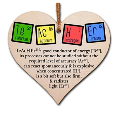 Image of The Plum Penguin Handmade Wooden Hanging Heart Plaque Gift Teacher Present Fun Novelty Chemical elements Thank You from child card alternative