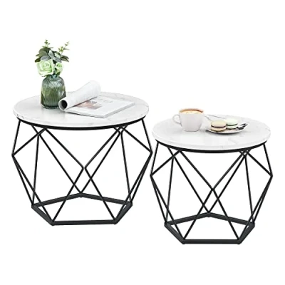 Image of VASAGLE Round Coffee Table, Set of 2, Side Sofa End Modern Style, Removable Top, Steel Frame, for Living Room, White and Black LET040B59