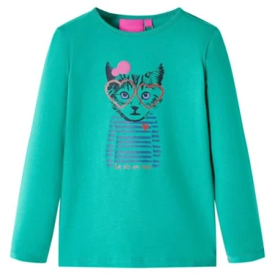 Image of vidaXL Kids&#039; T Shirt with Long Sleeves Children Cat Print Bright Green 140