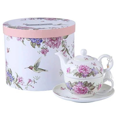 Image of London Boutique Tea for One Teapot Cup Saucer Set Gifts Women 1 Flora Bird Rose Butterfly Porcelain Gift Her (Beige/Cream)