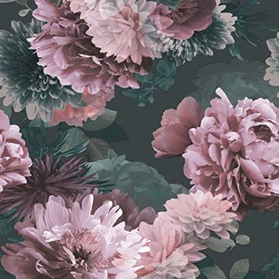 Image of Muriva Lipsy Issey Wallpaper Modern Floral Living Room, Bedroom, Fireplace Decorative Luxury Nature Wall Paper with Blossoms of Peonies &amp; Chrysanthemums (Pink, Green Grey), Green,grey,pink