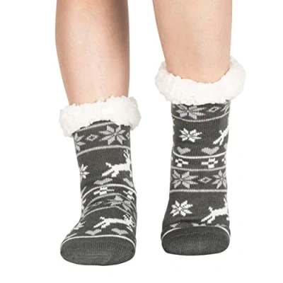 Image of Polar Womens Slipper Socks Soft Fleece Lined With Sole Grips Gift Packaging Snuggly Present For Her Insulated Warm Fluffy Sherpa Lining Reindeer Grey/Light Grey UK 5/6