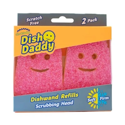 Image of Scrub Daddy Dish Wand Scrubbing Brush Replacement Heads, Soap Dispensing Brushes, Texture Changing Washing Up Sponges, Detachable Head Sponge Refills, Pink 2 Pack