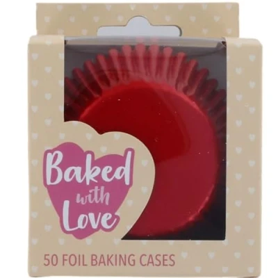 Image of Baked with Love Red Foil Baking Cases, Cups, Greaseproof Cupcake Pack of 50