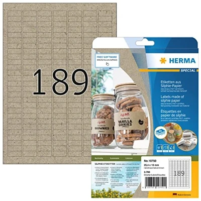 Image of HERMA Self Adhesive Multipurpose Labels, 189 Labels per A4 Sheet, 20 Sheets, 25.4 x 10 mm, 3780 Blank Universal Stickers, Sticky Silphie for Laser &amp; Inkjet Printer, Natural Brown