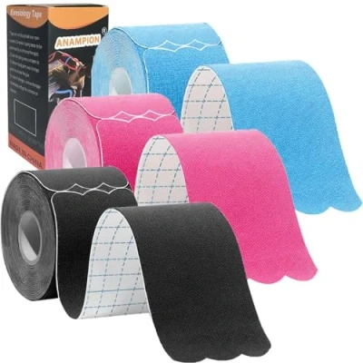 Image of ANAMPION Kinesiology Tape Precut,Waterproof Sports for Athletes Physio Elastic Pain Relief Adhesive Muscles Shin Splints Ankle Knee &amp; Shoulder (Black+Blue+Pink, 3 Rolls)