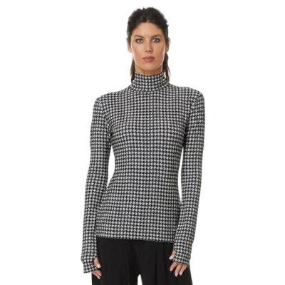 Image of Norma Kamali Women&#039;s Slim Fit Long Sleeve Turtle Top, Large Houndstooth, S