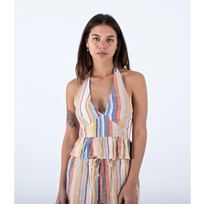 Image of Hurley Women&#039;s Kylie Peplum Halter Top Shirt, Berry Multi, XS