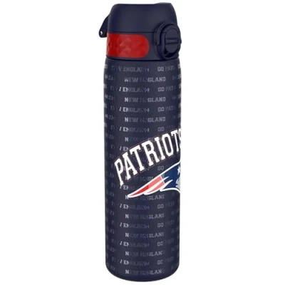 Image of Ion8 Steel Water Bottle, 600 ml/20 oz, Leak Proof, Easy to Open, Secure Lock, Dishwasher Safe, Flip Cover, Fits Cup Holders, Carry Handle, Durable, Metal Raised Print, NFL Patriots