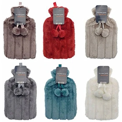 Image of Beamfeature Hot water bottle with faux fur cover and pom poms RED