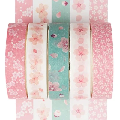Image of YUBX 5 Rolls Washi Tape Set Creative Basic Thin Decorative Tapes for Art, DIY Crafts, Bullet Journals, Planner, Scrapbooking, Packaging (Sakura)