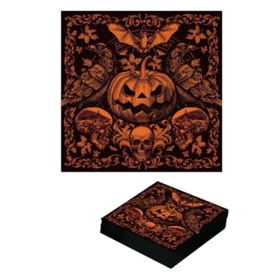 Image of FIESTAS GUIRCA 20 Disposable Gothic Pumpkin Napkins (6.3x6.3 in) Table Decoration for Spooky Halloween Parties Ideal Horror Events Orange, Black