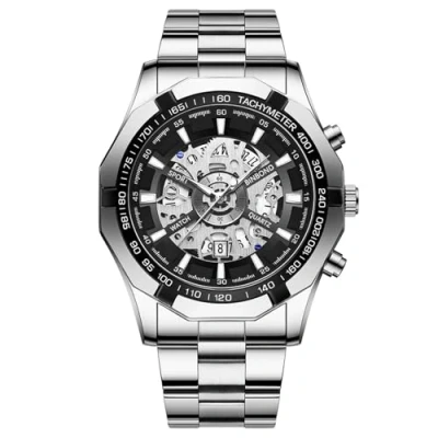 Image of JewelryWe Men&#039;s Skeleton Quartz Watch: Silver Simulated Mechanica Luminous Hands Analog Stainless Steel Waterproof Tachymeter Bezel Date Function Wristwatch