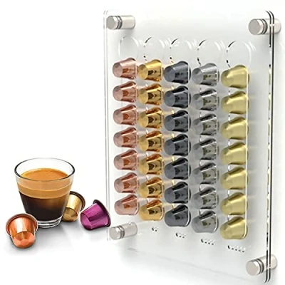 Image of HUIIUH Coffee Pod Holder for Nespresso Original Capsules, Acrylic Capsule Storage Organizer 35 Pods, Wall Mounted Modern Pods Rack