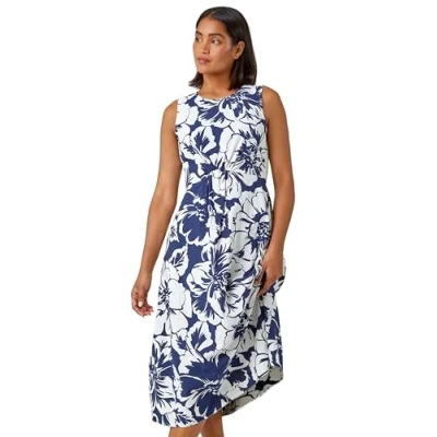 Image of Roman Originals Sleeveless Cotton Blend Floral Midi Dress for Women UK Ladies Everyday Holiday Spring Summer Round Neckline Comfy Soft Evening Vacation Work Party Navy Size 10