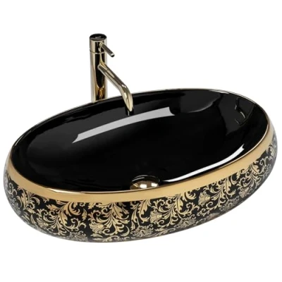 Image of REA Schwarz Bathroom Sink Made of Ceramic Black Black/Gold U8811, Meryl 40 X 60 Cm