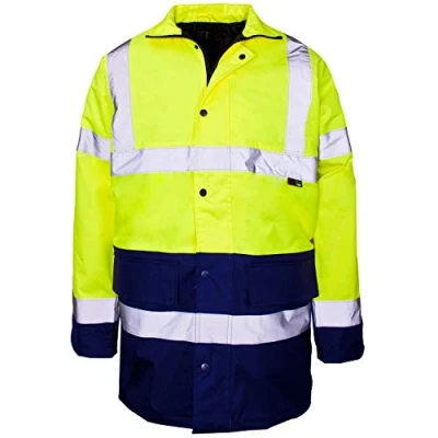 Image of Two Tone Hi Vis Parka Jacket with Padded Quilted Lining and Detachable Hood (Large, Yellow / Navy)