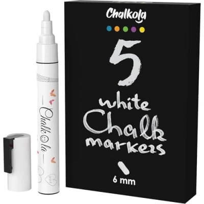 Image of White Chalk Pens Dry Erase for Chalkboard Signs, Windows, Blackboard, Glass, Bistro 6mm Reversible Tip (5 Pack)