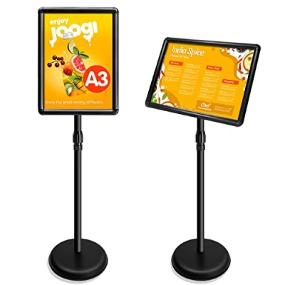 Image of VAIIGO A3 Sign Stand Adjustable Poster Aluminum Snap Frame Menu Replaceable Advertising Rack Floor Display Stands with Safety Corner and Stable Round Base (Black, A3)