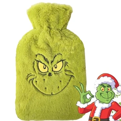 Image of Merry Grinchmas Kids Grinch Gifts The Green Faux Fur Hot Water Bottle with Topline Card. Christmas Stocking Fillers for Kids, Secret Santa Gifts.
