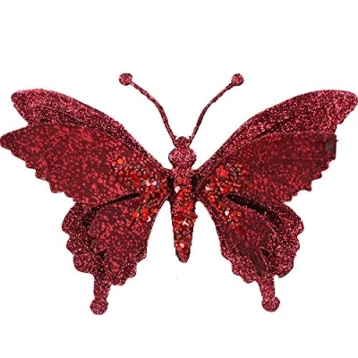 Image of Gisela Graham Clip on Christmas Decoration Butterfly 18cm Red Glitter