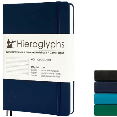 Image of Hieroglyphs Bullet Journal Notebook A5 Lined 189 Numbered Pages with Index, Folding Pocket, Elastic Closure, 2 Bookmarks Diary , Book (Dark Blue)