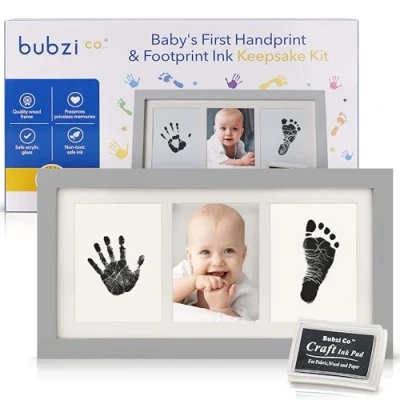 Image of Bubzi Baby Hand &amp; Footprint Kit Keepsake New Mom Gift Print with Ink Pad for Footprints Unique Shower Gifts Parents (Cool Gray)