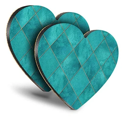 Image of Destination Vinyl ltd Great Coasters (Set of 2) Heart Teal Blue Geometric Tiles Drink Glossy Coasters/Tabletop Protection for Any Table Type #2527