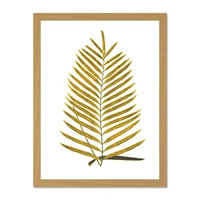 Image of Wee Blue Coo Botanics Gold And Grey Fern Large Light Oak Framed Art Print Wall Poster 18x24 inch