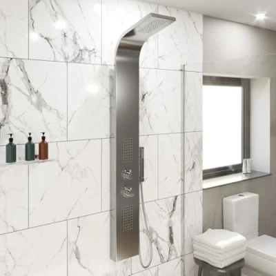 Image of Architeckt® Thermostatic Shower Tower Column Panel, Triple Outlet Function 3 in1 System with Rainfall Head Handset 2 Body Jets Showers Curved, Brushed Steel