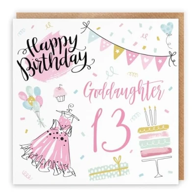 Image of Hunts England Goddaughter 13th Birthday Card Happy 13 Party Collection Fun, Pink Dress, Cake Pretty