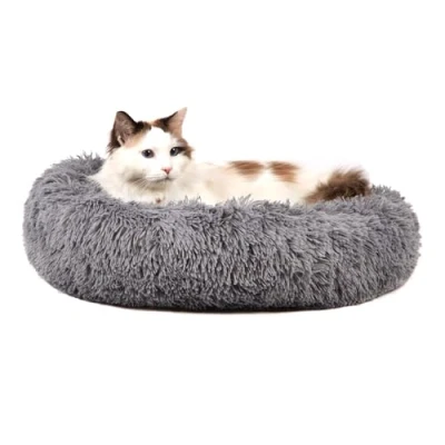 Image of ASAB Plush Round Pet Bed for Large Dogs Cats 64cm x 16cm Faux Fur Dog Machine Washable Cat Donut Cuddler Self Warming Indoor Grey Soft Puppy Non Slip Bottom Fluffy
